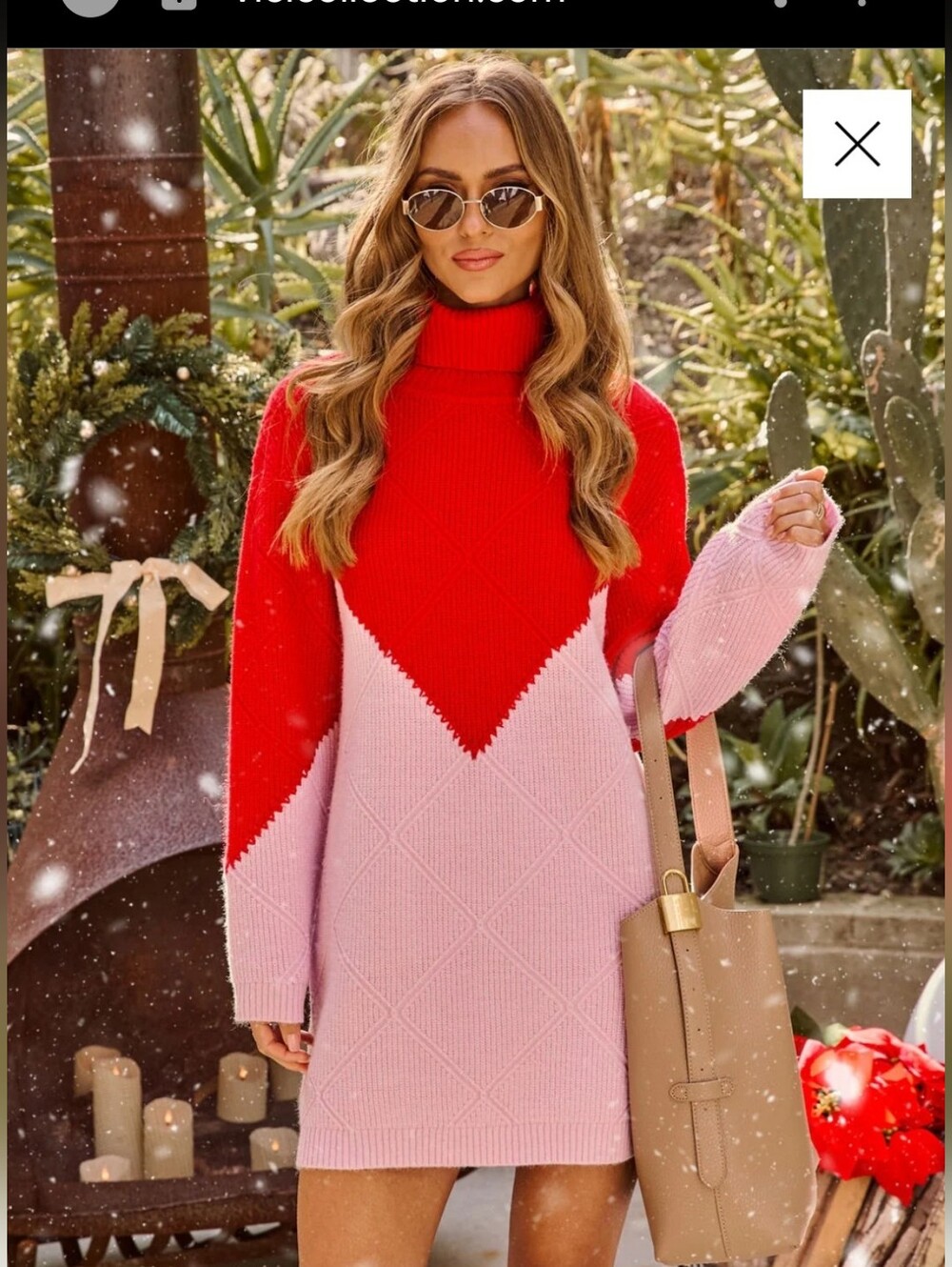 Colorblock Diamond Demi Turtleneck Mini Sweater Dress in Red and Light Pink